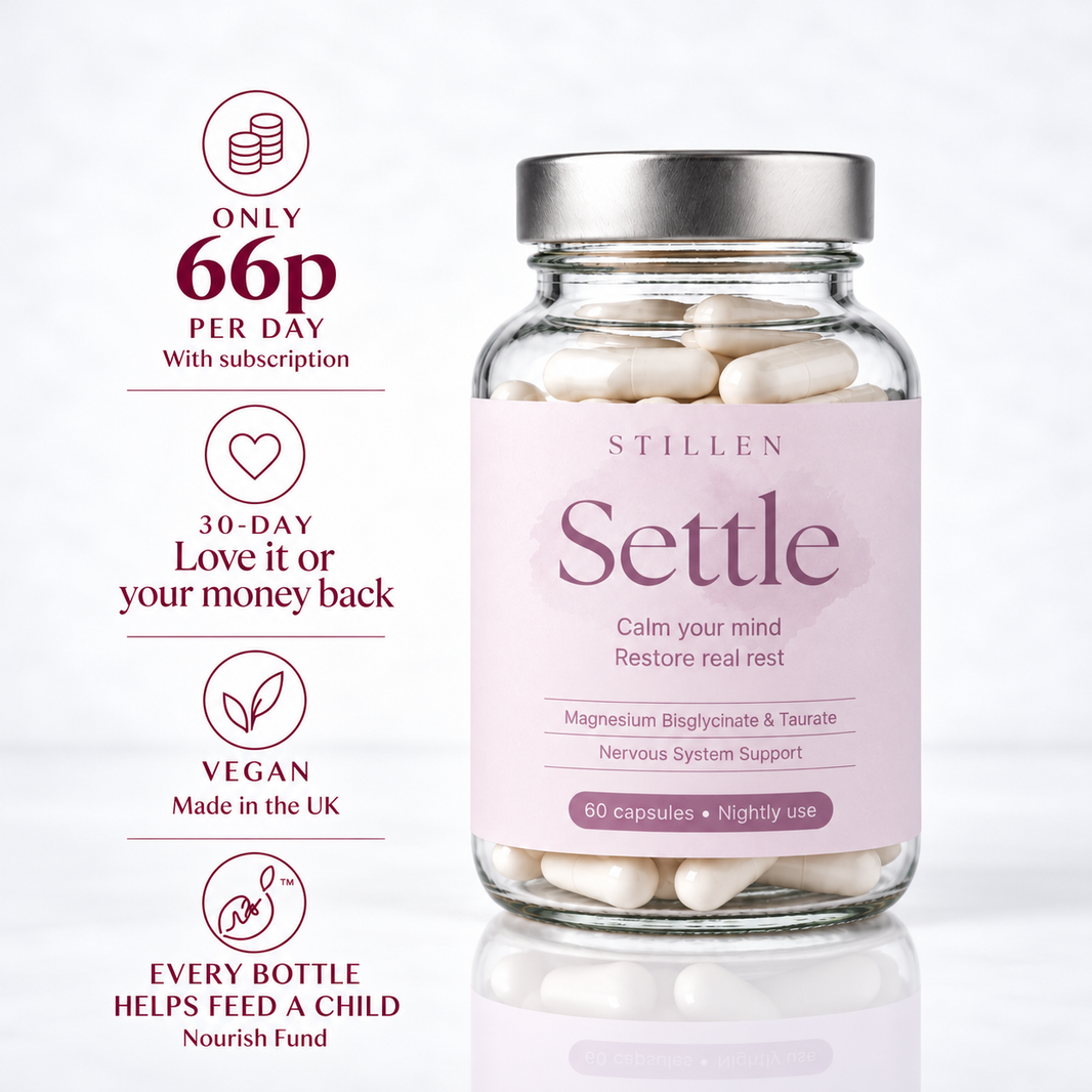 A bottle of STILLEN Settle capsules shown on a clean white background with promotional text callouts on the left. The product is a clear glass bottle with a silver cap and a pale pink label, filled with off-white capsules.