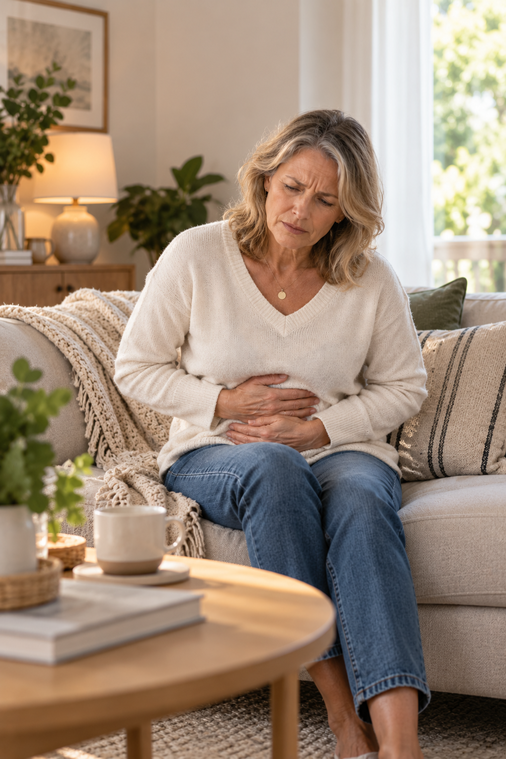 Woman in a white jumper sat on a  couch clutching her stomach