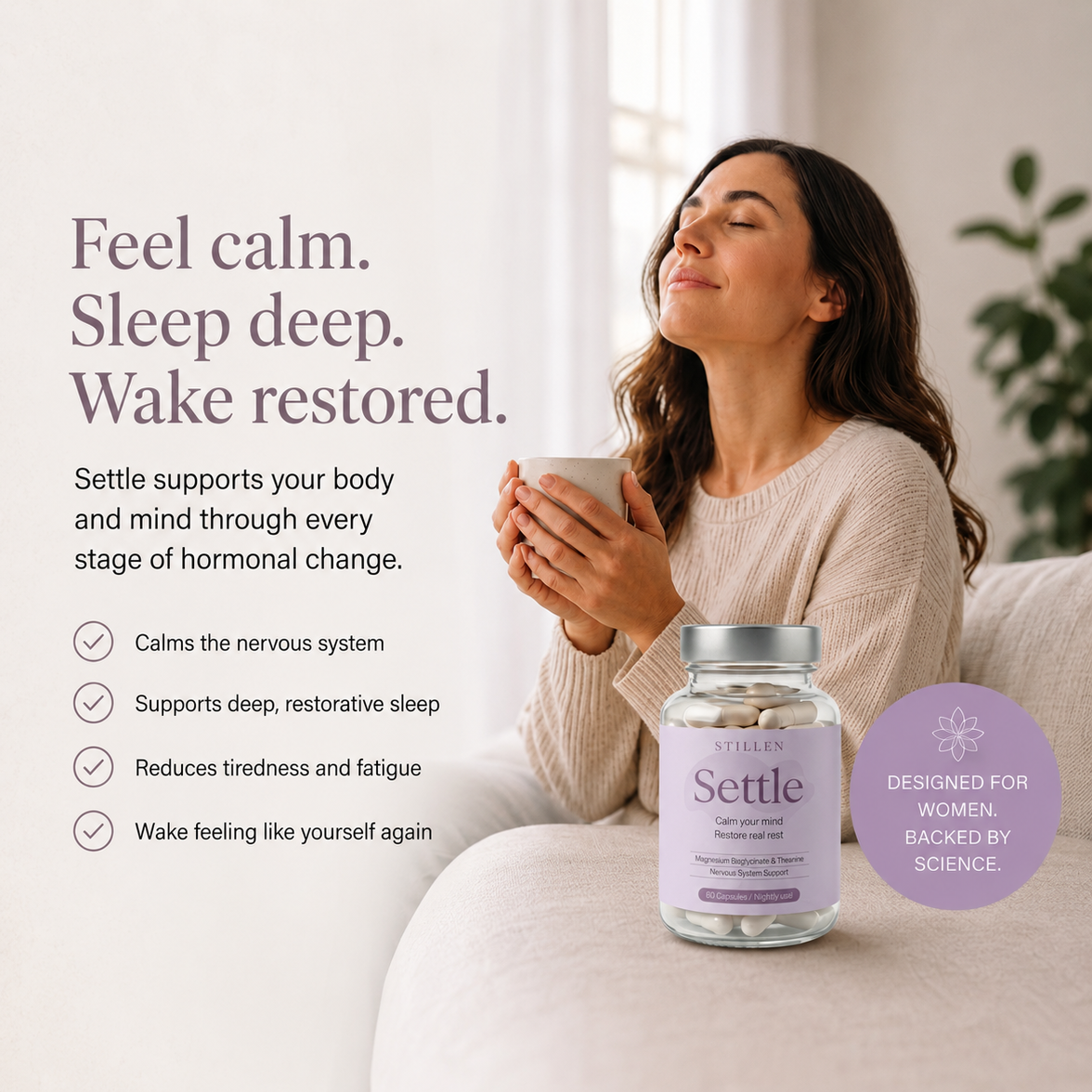 Woman holding a mug with a bottle of magnesium 'Settle' supplement on a couch, with text about product benefits. Stillenhealth