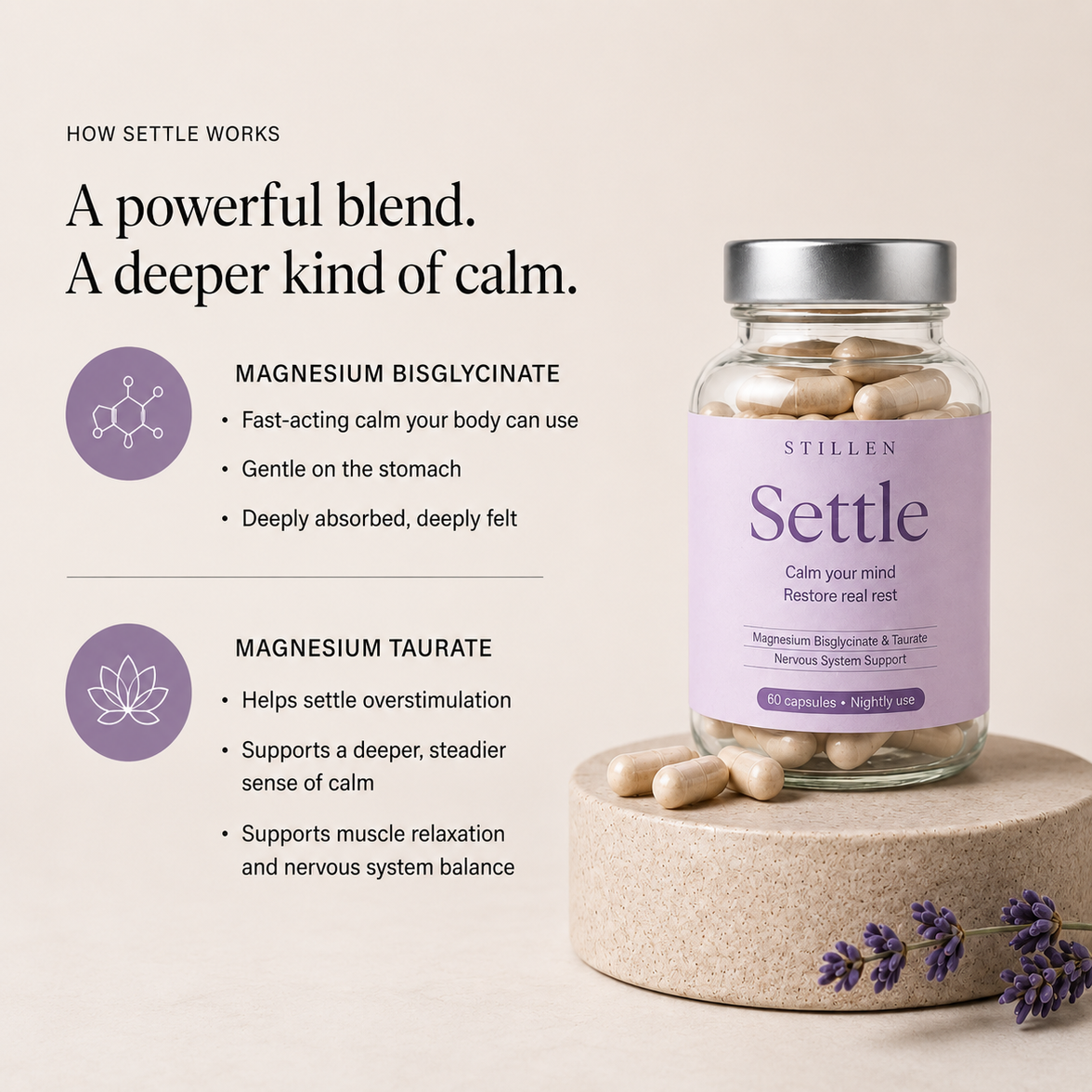 Stillen Settle supplement bottle with text on a light background showing the benefits of magnesium bisglycinate and magnesium taurate 