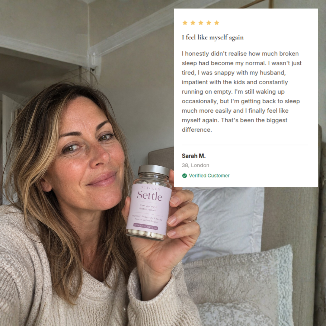 A woman in a cream knit sweater holds a jar of Settle supplement in front of a bedroom background, with a large customer review overlay on the right side.