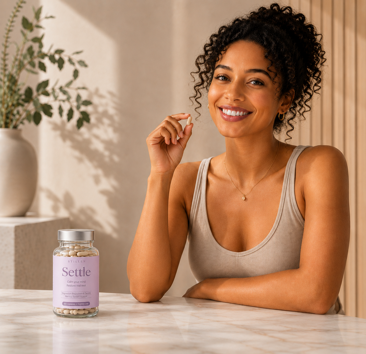 Woman holding a magnesium supplement pill with a 'Settle' supplement bottle on a table, with a neutral background.