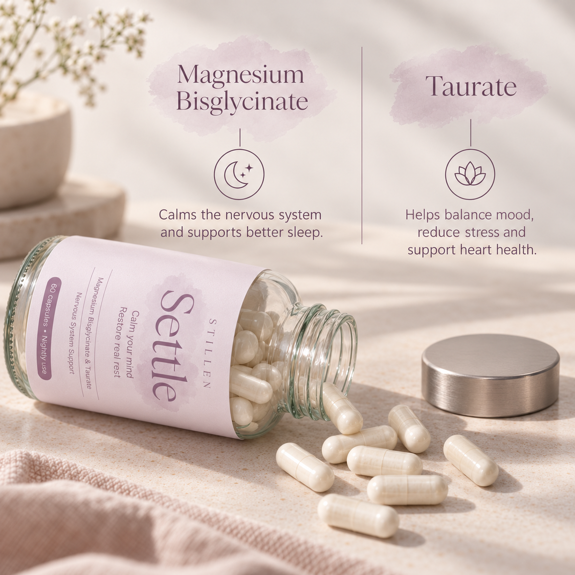 A clear glass bottle of Stelle Magnesium Bisglycinate capsules lies on its side with several capsules spilled out, alongside the silver cap. The scene is styled with a soft beige fabric and a small plant in the background, with text overlays describing the benefits of Magnesium Bisglycinate and Taurate.