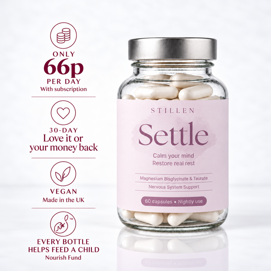A bottle of STILLEN Settle capsules shown on a clean white background with promotional text callouts on the left. The product is a clear glass bottle with a silver cap and a pale pink label, filled with off-white capsules.