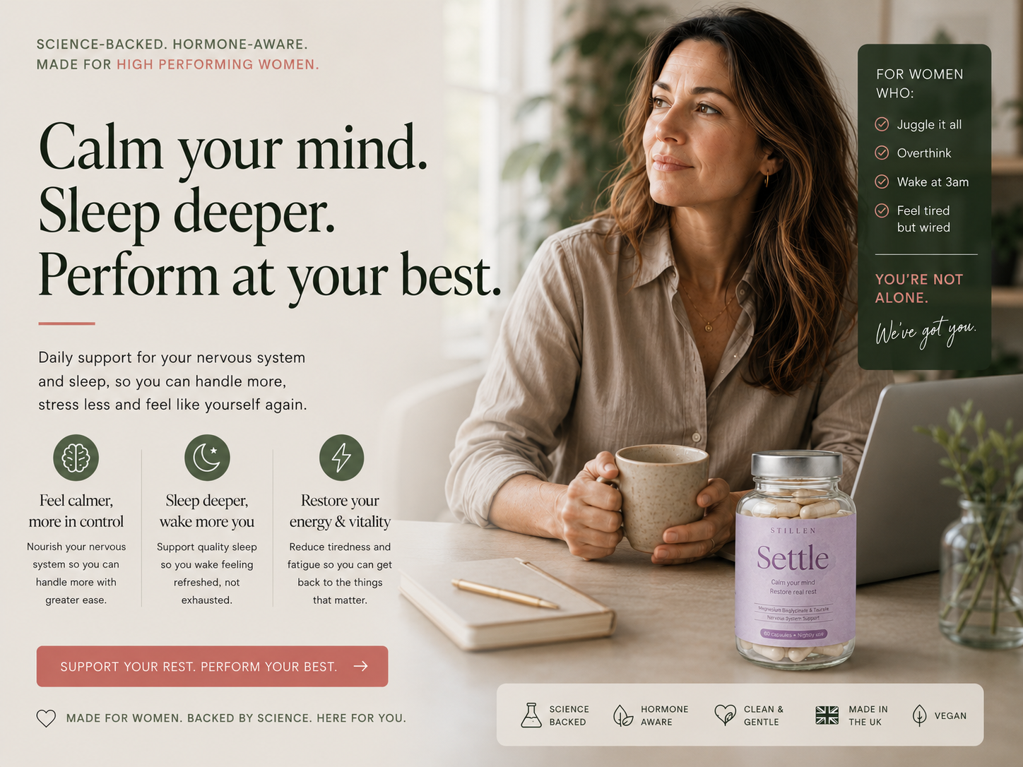 A promotional ad-style graphic for Settle Magnesium Sleep Support supplements, featuring a woman holding a mug in a softly lit indoor setting, with a jar of Settle  the foreground and large marketing text on the left. The image includes product benefits, a dark green sidebar with usage notes for women, and a white footer strip with icons.